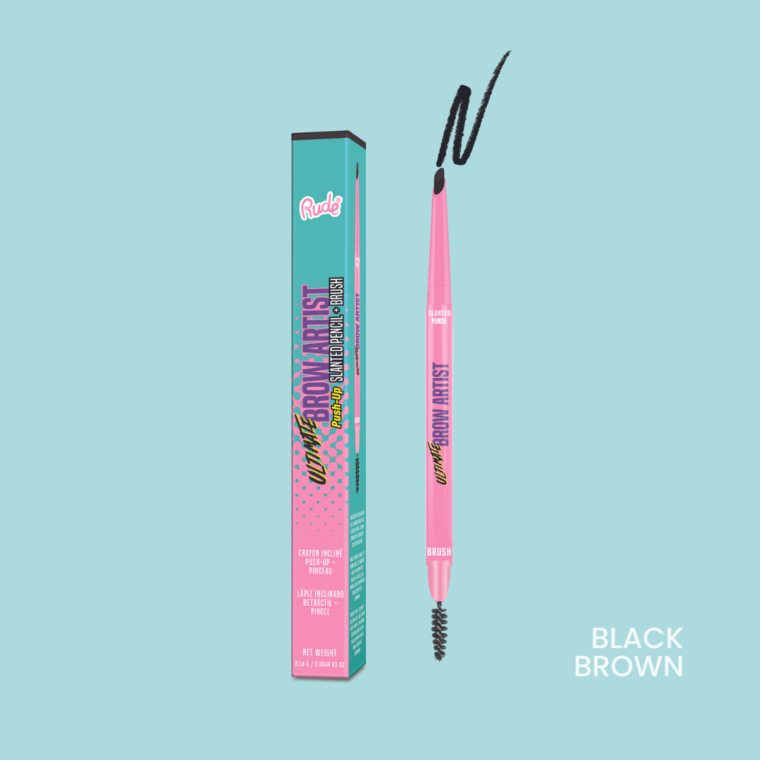 Rude Ultimate Brow Artist Push-Up Slanted Pencil & Brush Black Brown product package