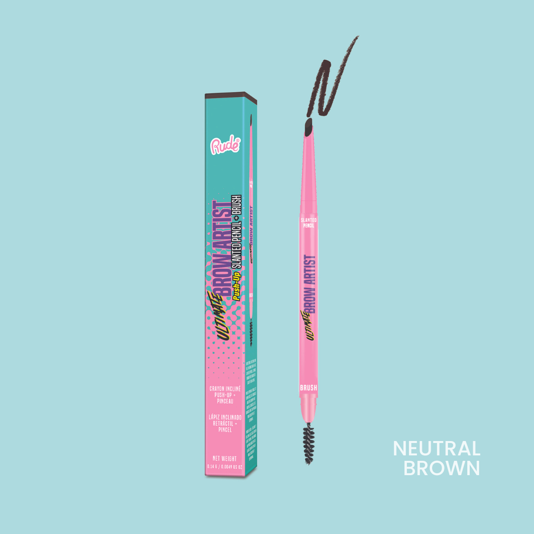 Rude Ultimate Brow Artist Push-Up Slanted Pencil & Brush Neutral Brown product package