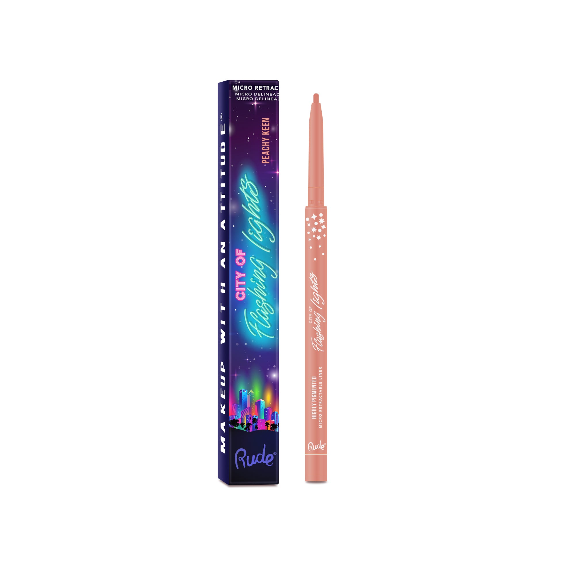 Rude City of Flashing Lights Micro Retractable Liner Peachy Keen (Not For Use Around The Eyes) product package