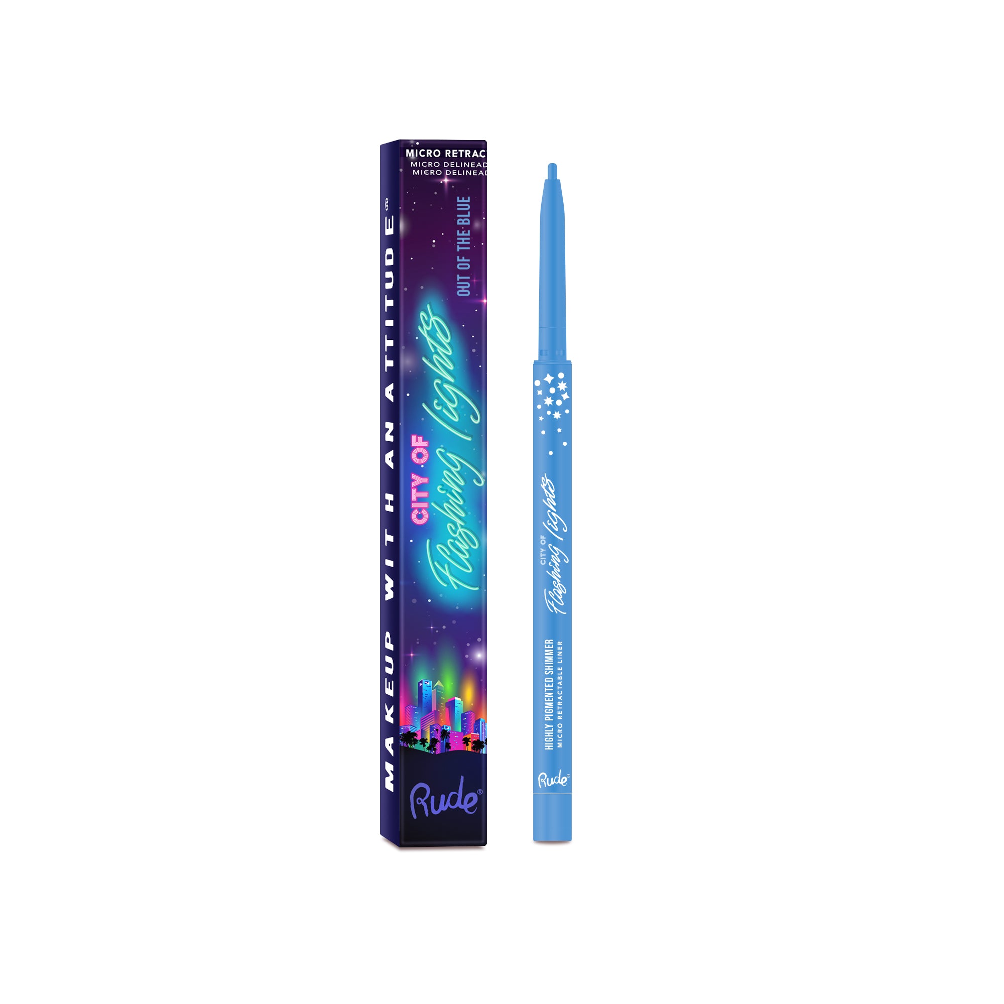 Rude City of Flashing Lights Micro Retractable Liner Out of the Blue product package